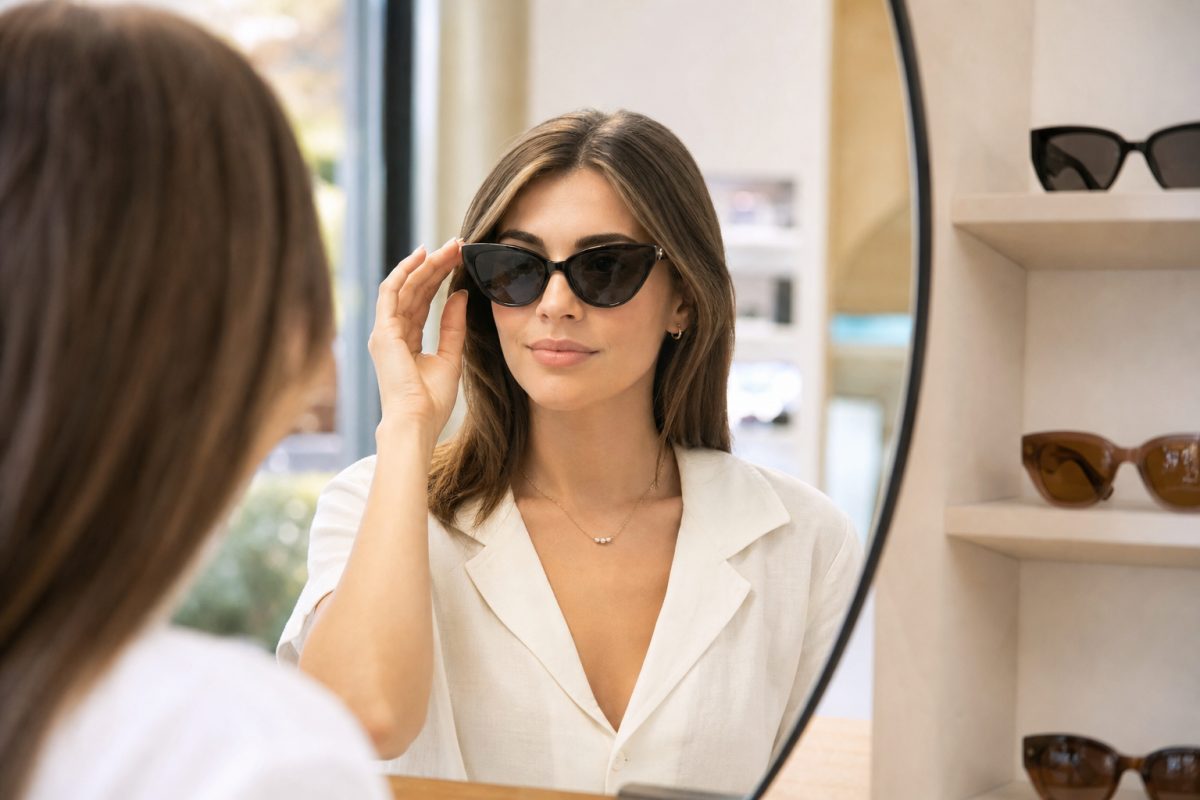 Nő cat-eye Burberry napszemüveg jellegű keretet próbál tükör előtt
