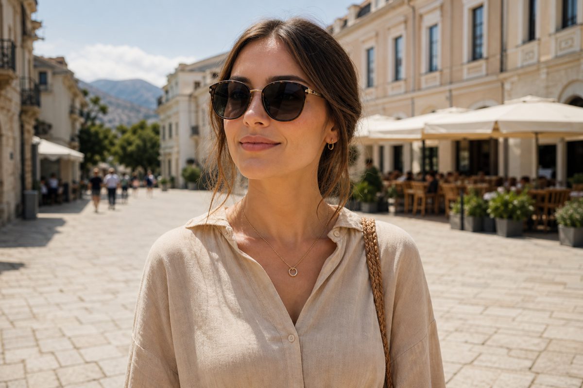 Elegáns nő oversized napszemüvegben városi környezetben