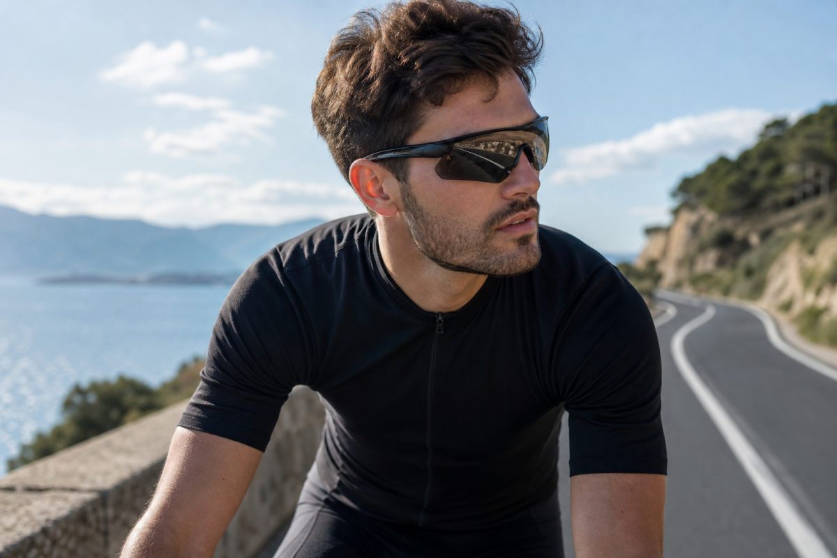 Nagy fedésű sportszemüveg erős napsütésben kerékpározáshoz