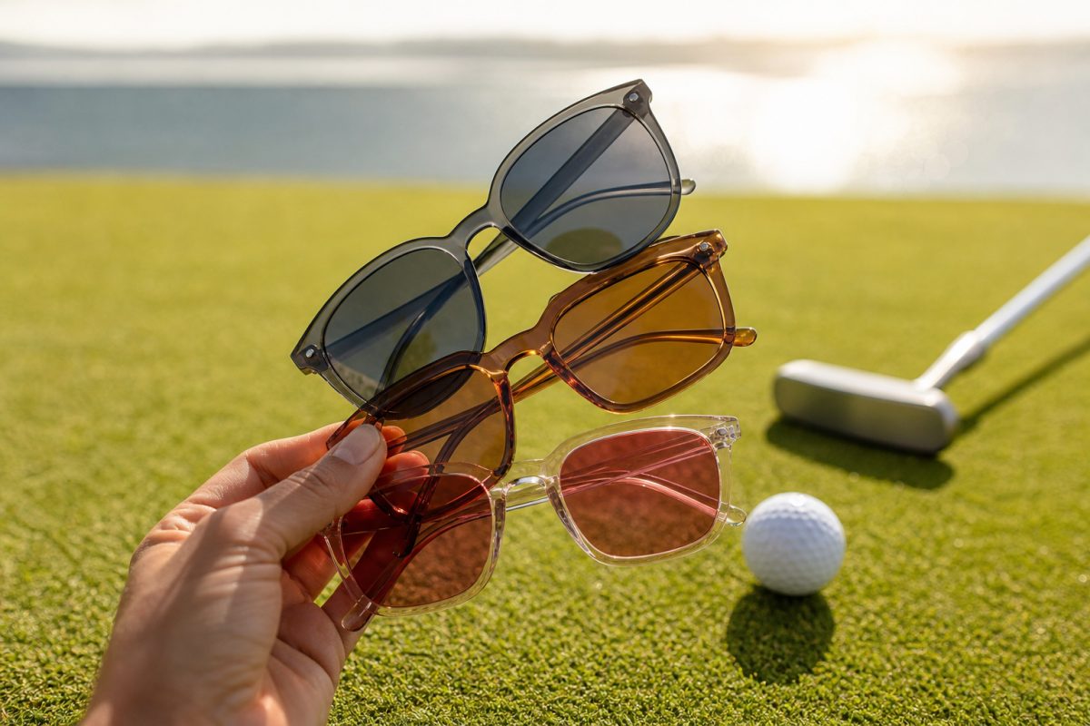 Különböző lencseszínek golfpálya zöld felülete előtt