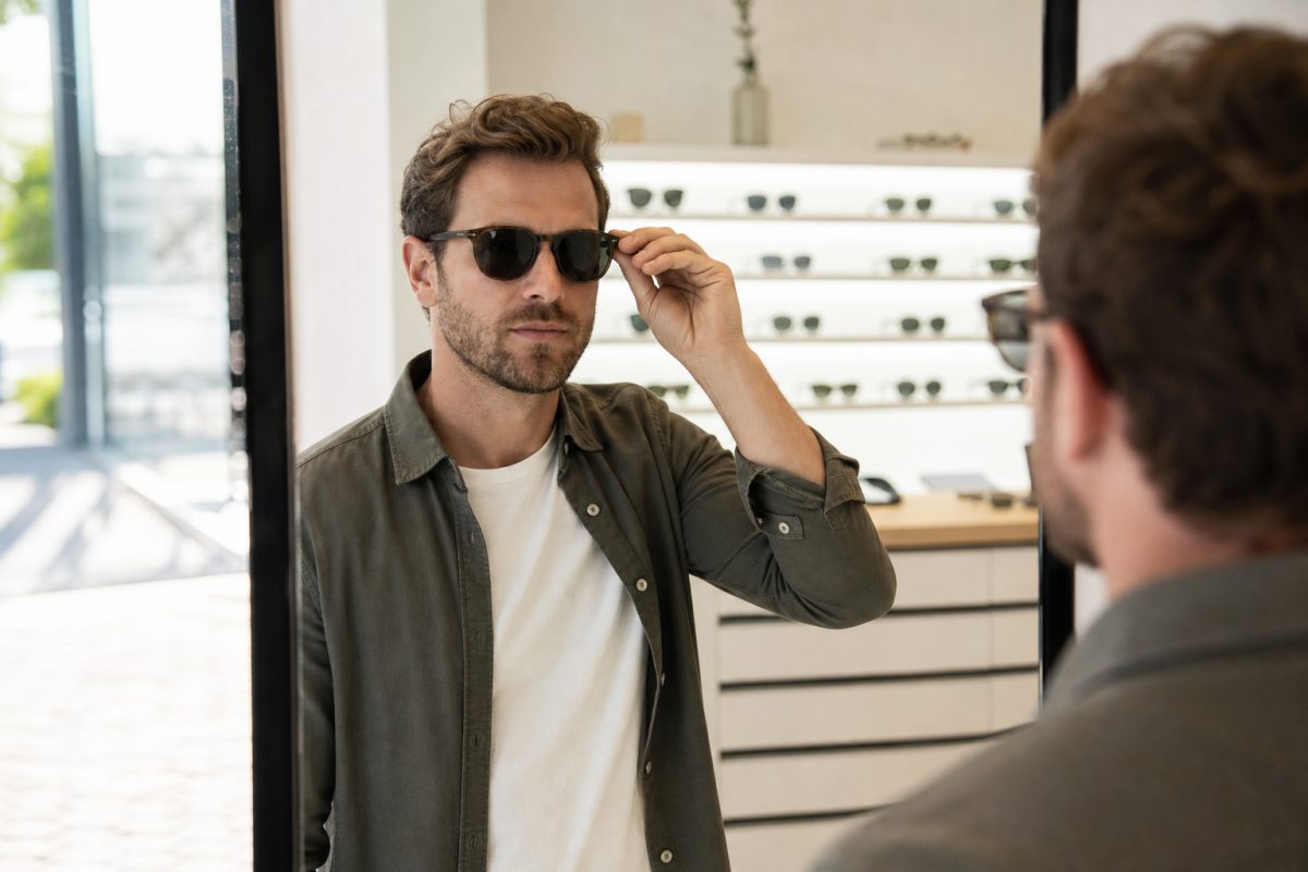 Férfi Maui Jim Hoopili jellegű napszemüveget próbál tükör előtt