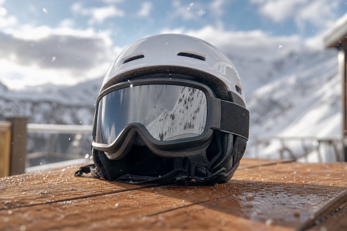 Síszemüveg sisakkal, havas és felhős időben