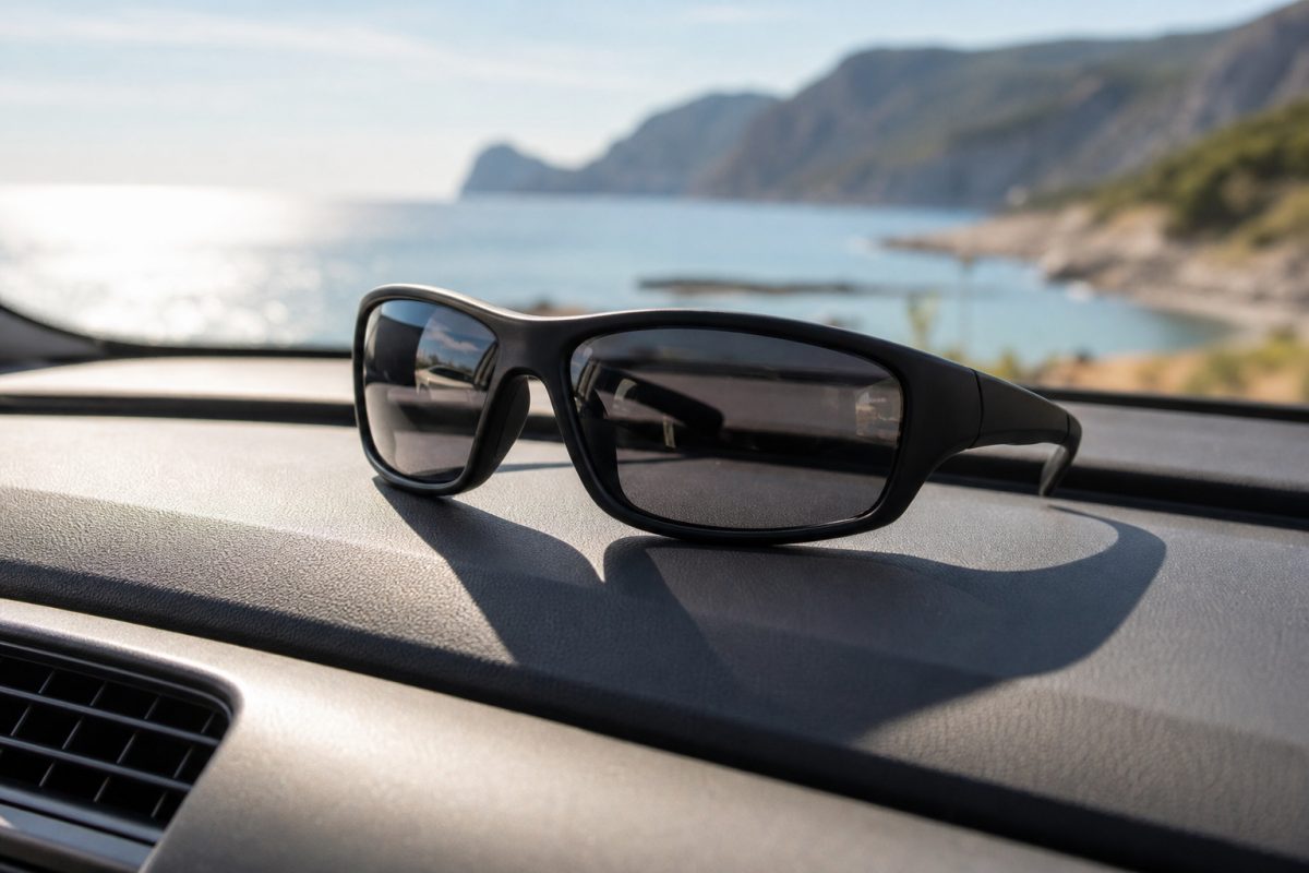 Oakley Gascan jellegű fekete sportos napszemüveg autóban