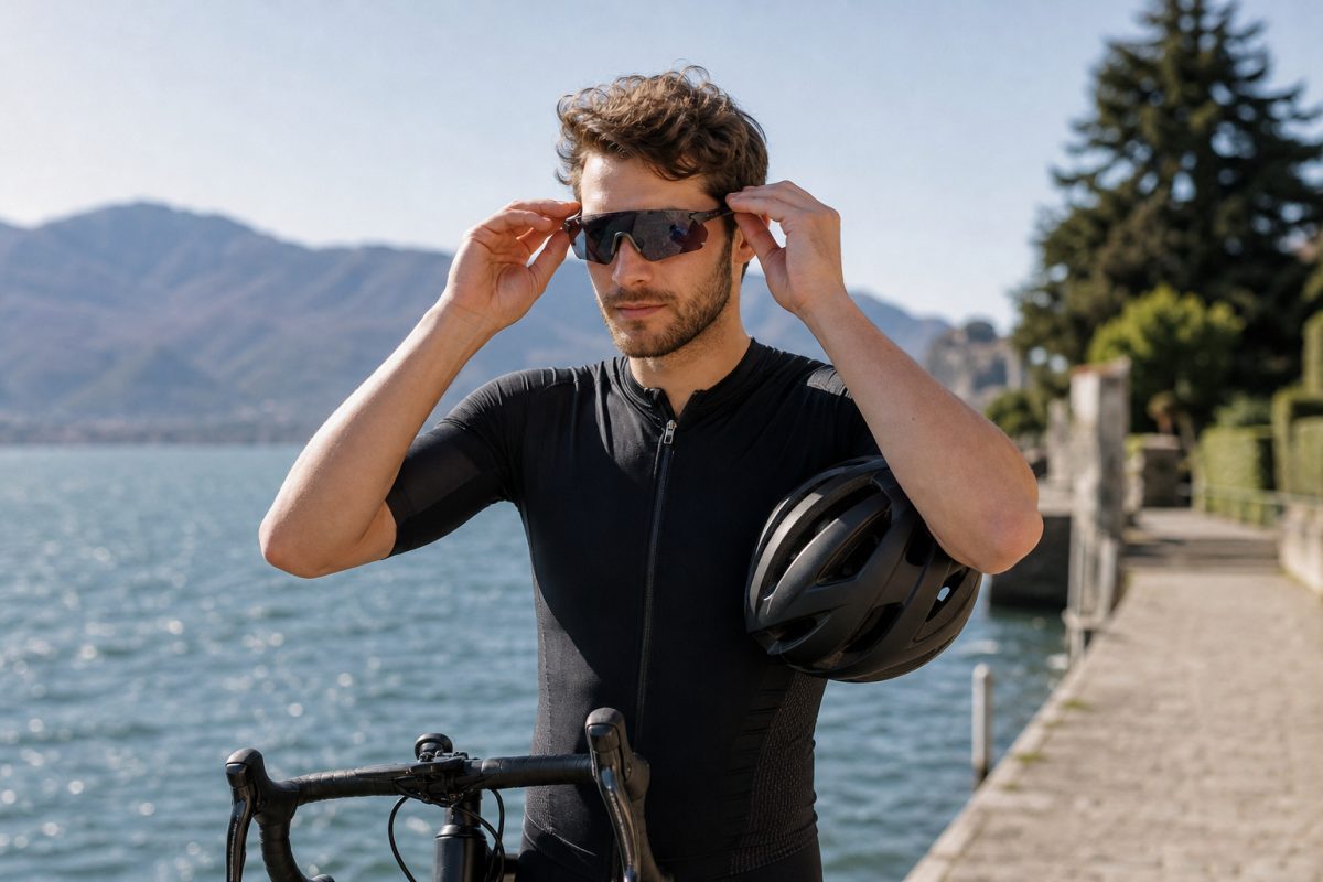 Sportoló oakley sutro lite jellegű pajzsos szemüveget igazít bringázás előtt
