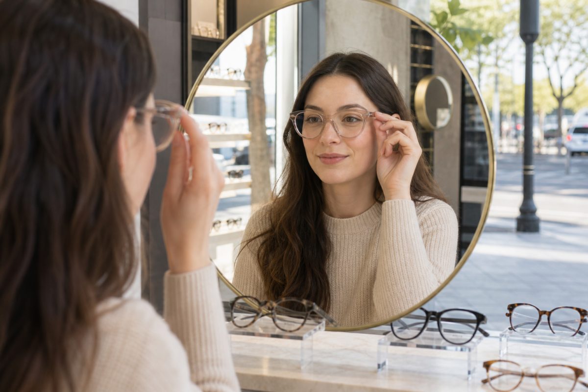Cat-eye optikai keret felpróbálása tükör előtt