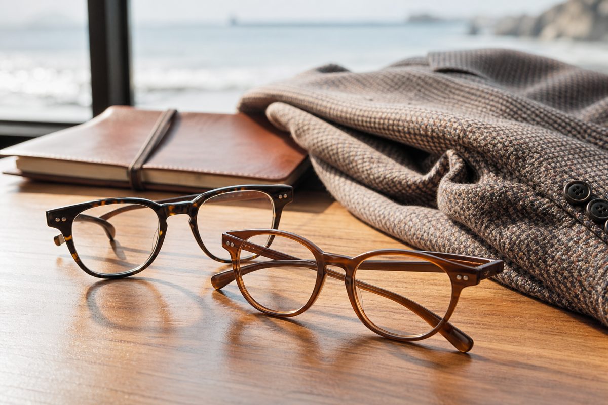 Persol szemüveg jellegű Havanna keret és matte barna férfi keret asztalon