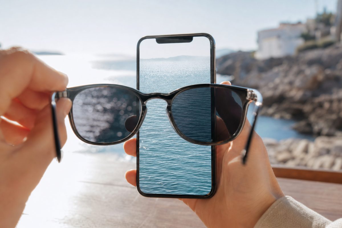 Polarizált napszemüveg telefon előtt, sötétedő kijelzővel