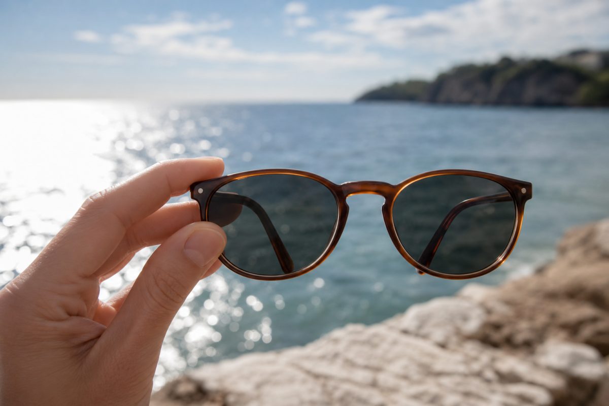 Polarizált strand napszemüveg vízfelszín előtt erős napsütésben