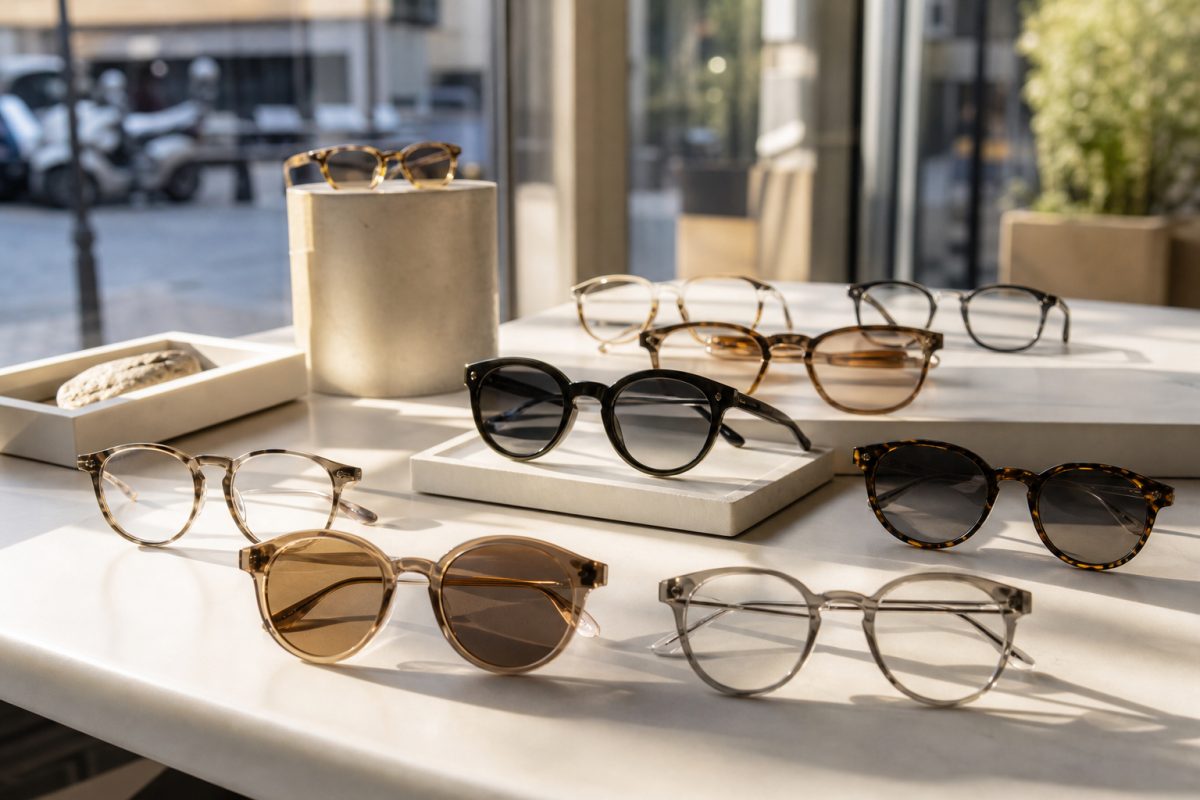 Vastag keretes optikai szemüvegek elegáns bemutatóasztalon