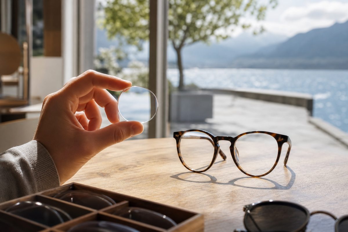 Vékonyított lencse és teljes keretes szemüveg optikusi asztalon